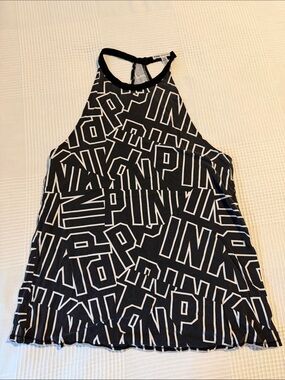 PINK Victoria's Secret Black Graphic Logo Halter Tank